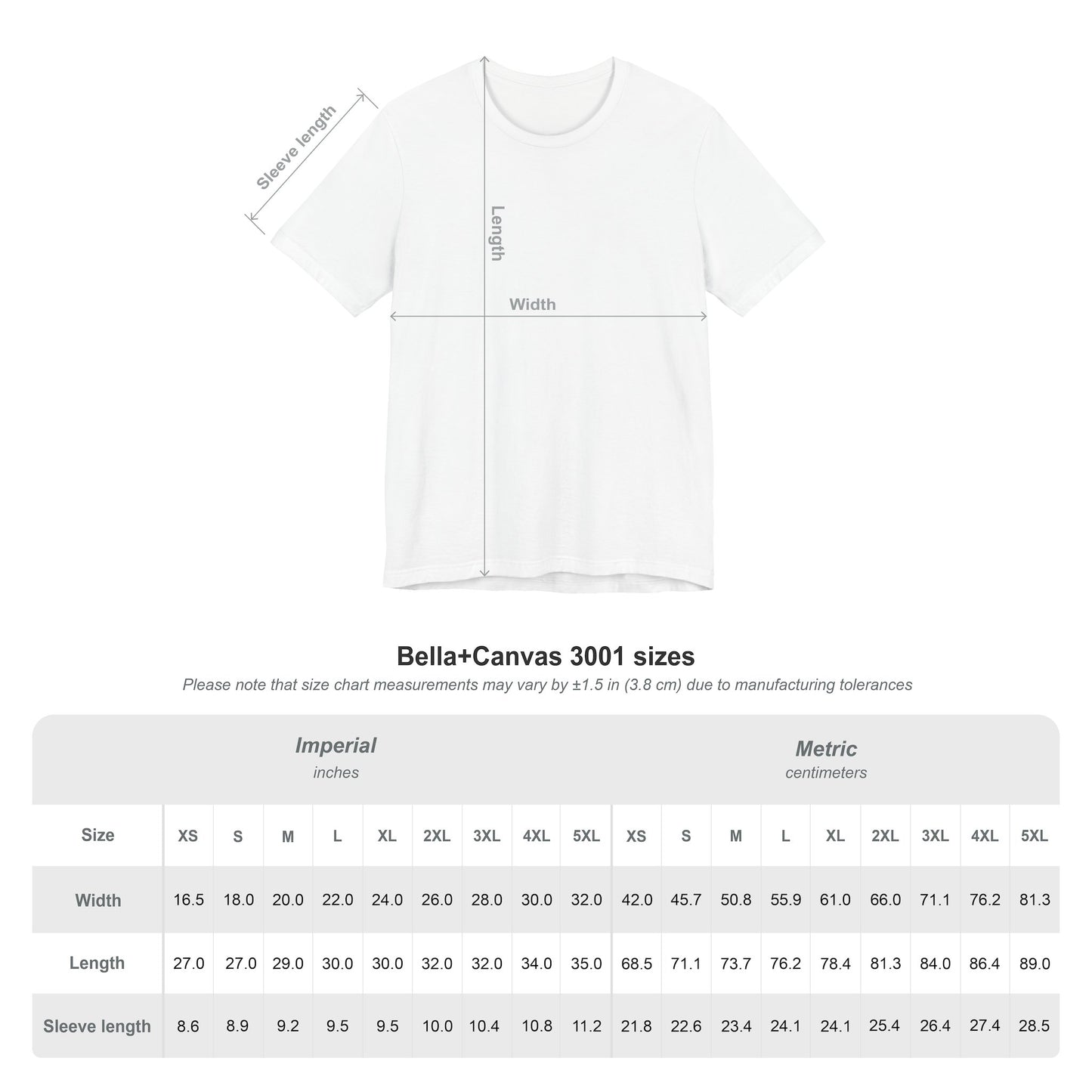 CryptidEx Bella+Canvas 3001 T-Shirt Sizing Chart