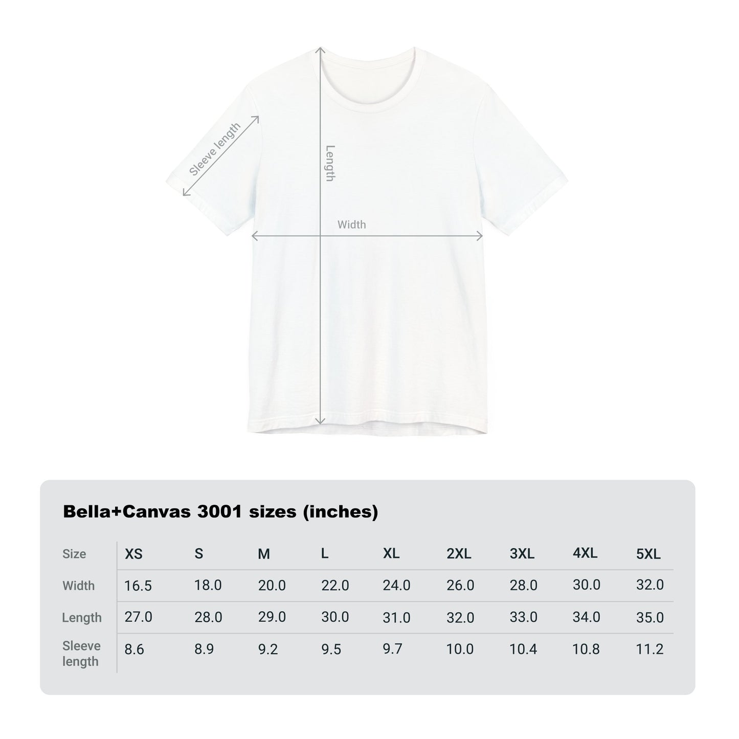 CryptidEx Bella+Canvas 3001 T-Shirt Sizing Chart