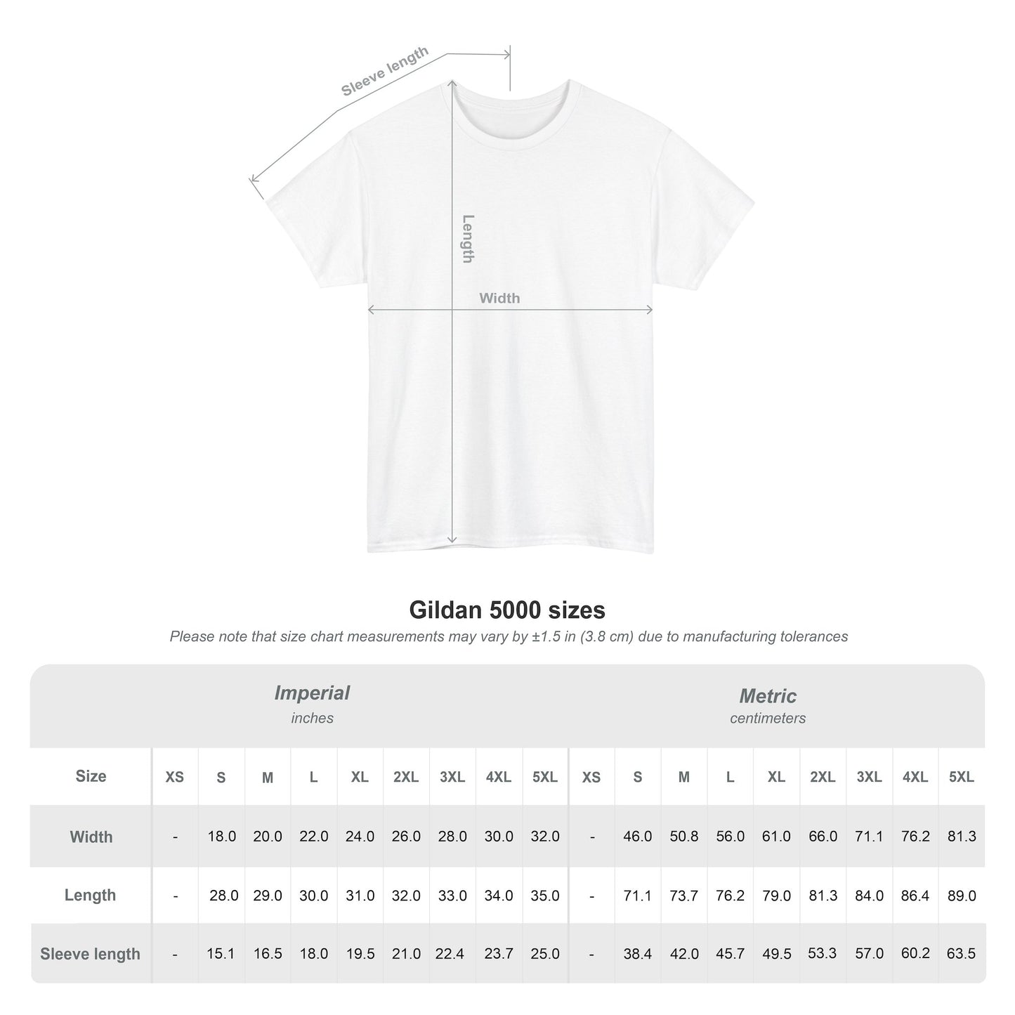 CryptidEx Gildan 5000 T-Shirt Sizing Chart